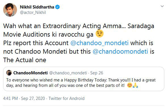 Nikhil Exposes His Directors Fake Account In Style!