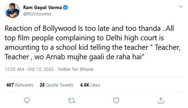 హైకోర్టులో బాలీవుడ్ ప్రముఖులు దావా వేయడంపై ఆర్జీవీ సెటైరికల్ ట్వీట్...!