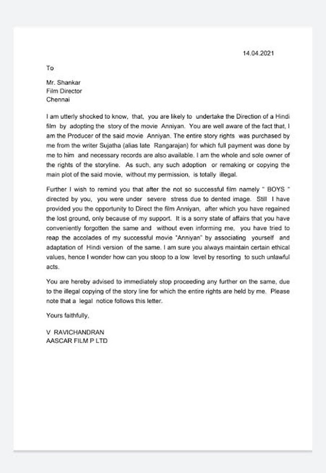 రచ్చకెక్కిన అపరిచితుడు హిందీ రీమేక్.. దర్శకుడికు లీగల్ నోటీసులు!