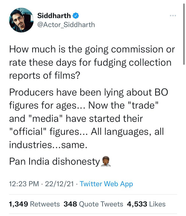 పాన్ ఇండియా మోసం.. సిద్ధార్థ్ ట్వీట్ పుష్ప ను ఉద్దేశించేనా..?